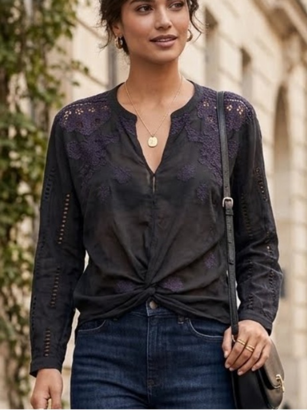 Johnny Was Graphite Neutral Top Blouse Black Lace Floral Bohemian Size Medium